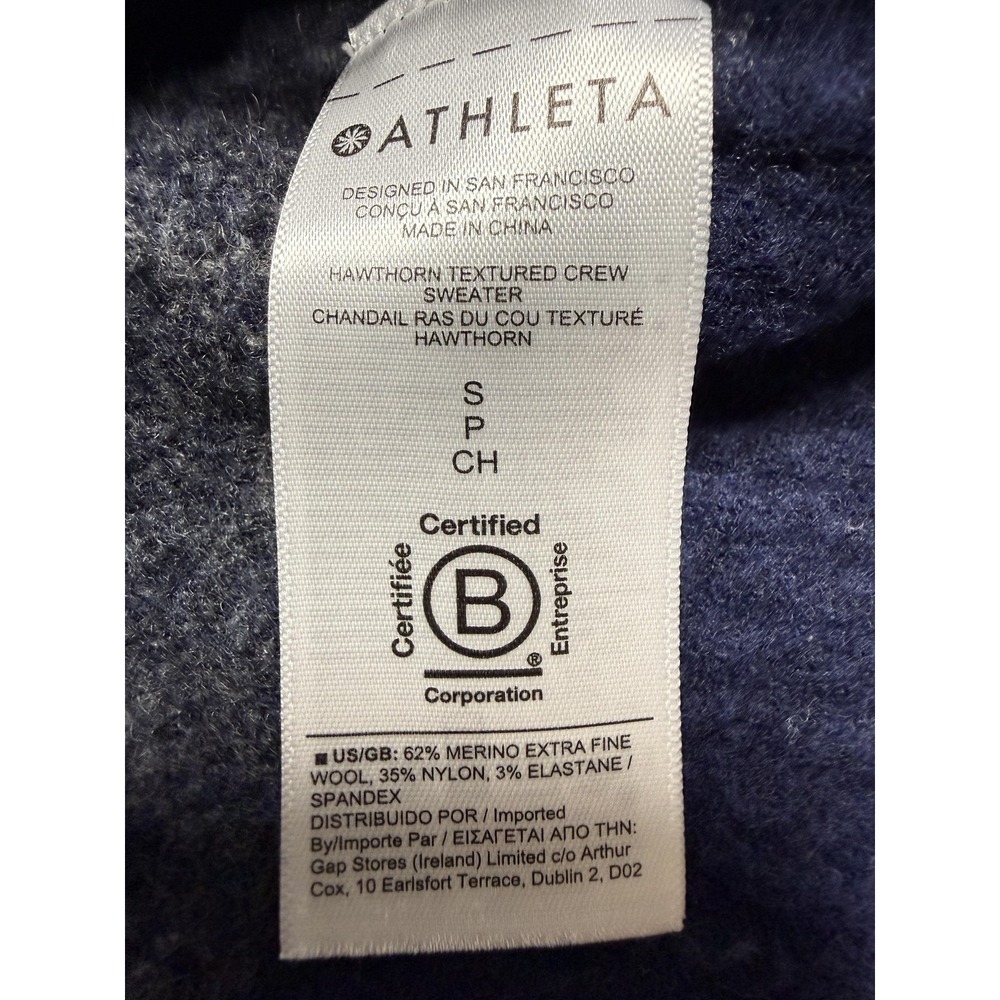 Athleta Sweater Womens Small Petite Blue Hawthorn Crew Merino Wool Leopard - Picture 3 of 7